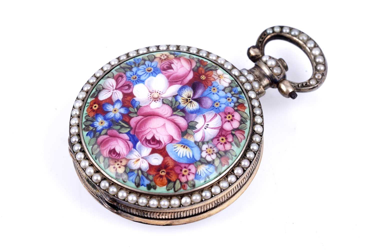 Lot 442 - Bovet Fleurier: a gilt, enamel, and pearl-set fob watch, made for the Chinese market