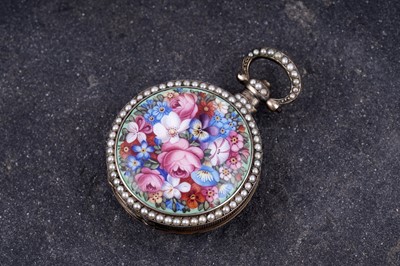 Lot 442 - Bovet Fleurier: a gilt, enamel, and pearl-set fob watch, made for the Chinese market