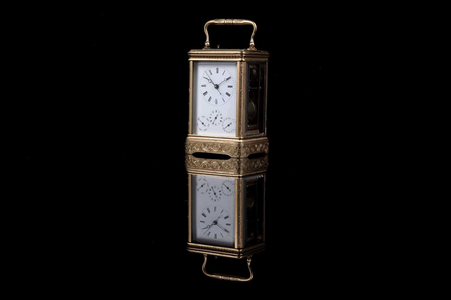 Lot 459 - Mid-19th Century French gilt brass striking and repeating calendar carriage clock, Japy Freres