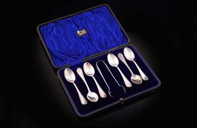 Lot 183 - A cased set of six North American silver teaspoons with matching sugar tongs