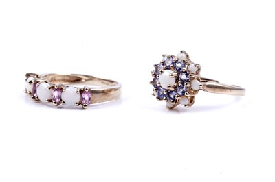 Lot 47 - A modern opal and pink sapphire half hoop eternity ring; and an opal and tanzanite cluster ring