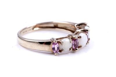Lot 47 - A modern opal and pink sapphire half hoop eternity ring; and an opal and tanzanite cluster ring