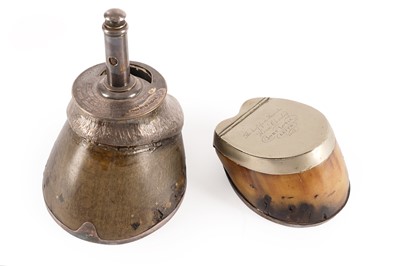 Lot 258 - An Edwardian silver plate mounted horse's hoof cigar cutter; and a Victorian horse hoof box