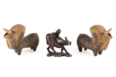 Lot 357 - A Chinese wood carving; and a pair of ancient Persian vessels
