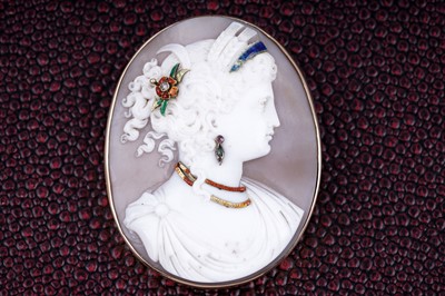 Lot 464 - A 19th Century carved shell cameo with enamel and gem mounts