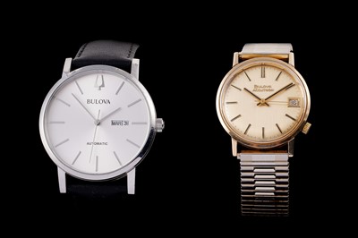 Lot 477 - A lady's rolled-gold Elgin cocktail watch; and two Bulova watches