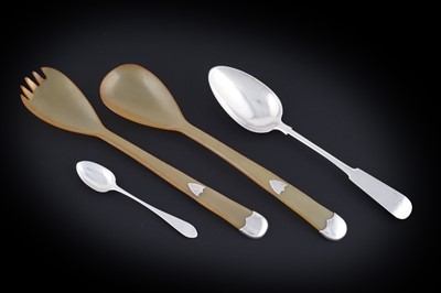 Lot 244 - Three spoons; and a pair of late Victorian silver-mounted horn salad servers
