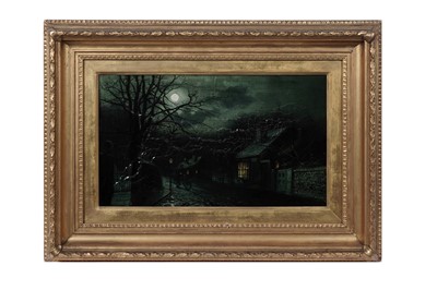 Lot 213 - Follower of John Atkinson Grimshaw - Moonlit village with cyclist | oil