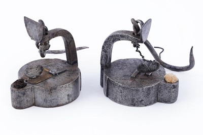 Lot 252 - Two 19th Century Continental ‘Frog’ type miners' lamps