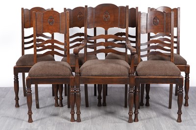 Lot 11 - A set of seven early 20th Century oak Arts & Crafts dining chairs