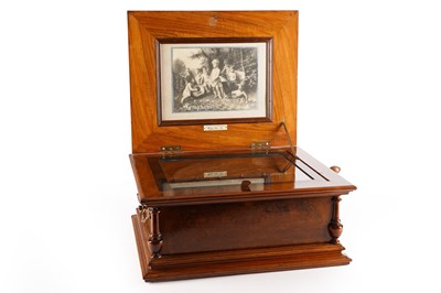 Lot 296 - A late 19th Century walnut cased Symphonium, with winding key and eight discs
