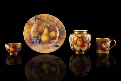 Lot 401 - A Royal Worcester fruit-painted coffee can, small sugar bowl, teaplate and vase