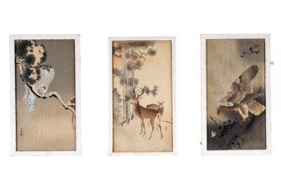 Lot 705 - Ohara Koson - Pair of Deer, Hawk with Sparrow, and Eagle with Outspread Wings | woodblock prints