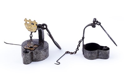 Lot A 19th Century ‘Frog’ type miners’ lamp; and a similar smaller lamp