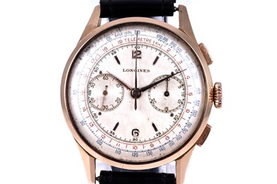 Lot 420 - Longines: an 18ct yellow gold cased manual wind chronograph wristwatch