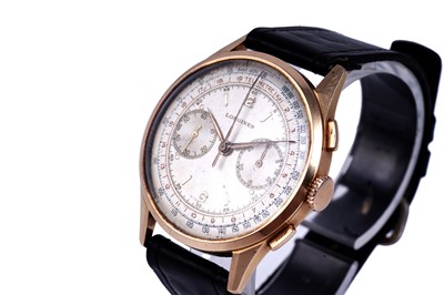 Lot 420 - Longines: an 18ct yellow gold cased manual wind chronograph wristwatch