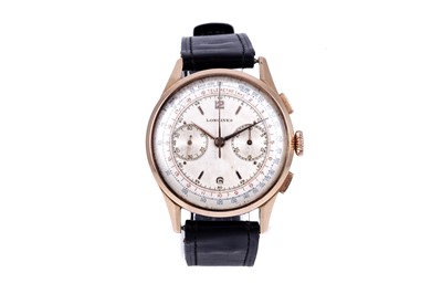 Lot 420 - Longines: an 18ct yellow gold cased manual wind chronograph wristwatch