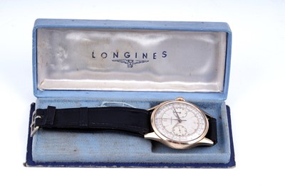 Lot 420 - Longines: an 18ct yellow gold cased manual wind chronograph wristwatch