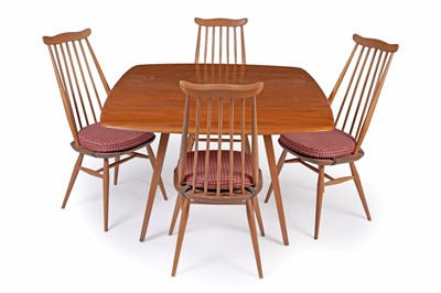 Lot 50 - Ercol: a set of four ‘Goldsmiths’ elm and beech dining chairs; and a model 492 dining table