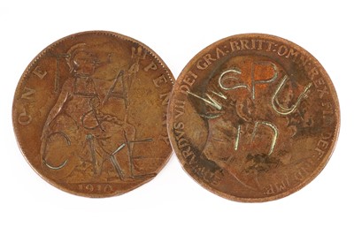 Lot 230 - A Women's Suffrage movement, "Tea & Cake" / "WSPU", Suffragette stamped one penny coin