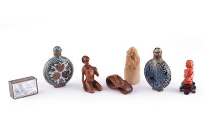Lot 327 - Two cloisonne snuff bottles; and other items