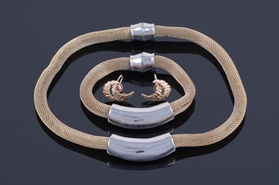 Lot 456 - A pair of 1970s gold earrings; and a contemporary bracelet and necklace set