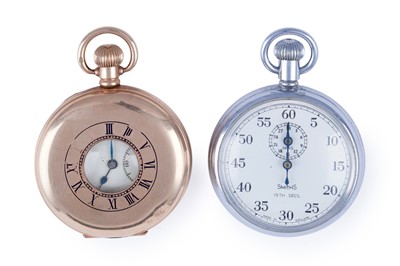 Lot 485 - A 20th Century gold-plated half hunter pocket watch; and a Smiths stop watch