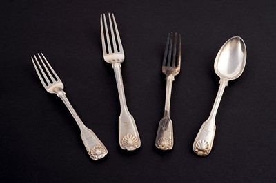 Lot 235 - A matched group of Georgian and Victorian fiddle and shell pattern flatware