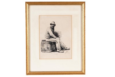 Lot 644 - Robert Jobling - Fisherman Sitting on a Barrel | ink drawing