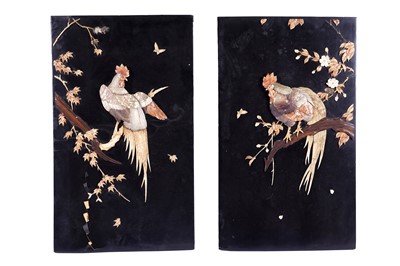 Lot 600 - A pair of Japanese Shibayama black lacquer wall plaques