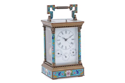Lot 149 - A French style champleve enamel striking and repeating calendar carriage clock
