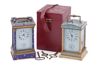 Lot 150 - Two mid to late 20th Century French style champleve enamel repeating carriage clocks