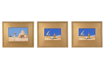 Lot 698 - James Greig - Three North African studies with figures by the sea | watercolours