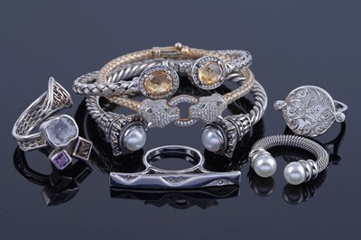 Lot 406 - Contemporary silver bracelets and rings