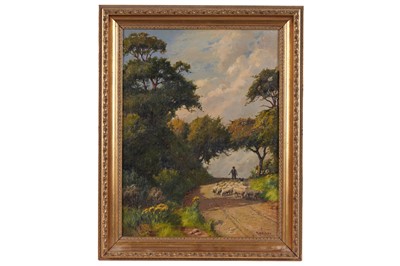 Lot 699 - Robert William Bates - Shepherd herding his sheep down a lane | oil