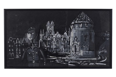Lot 656 - Antoni Sulek - Soldier in a moonlit town | household paint