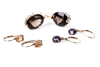 Lot 134 - Three pairs of quartz pendant earrings