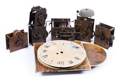 Lot 603 - A collection of six 19th Century single fusee clock movements; and two painted clock faces