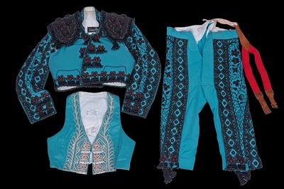 Lot 400 - A turquoise and black beaded matador jacket, waistcoat and breeches