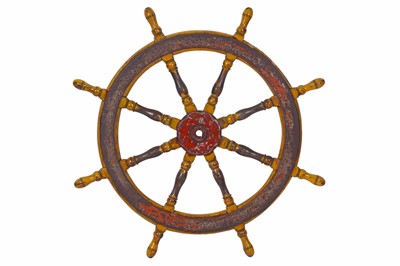 Lot 584 - A teak and iron-bound ships wheel
