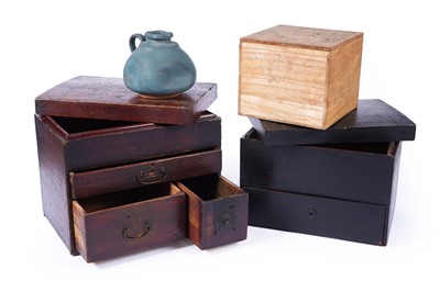 Lot 601 - Two Japanese tabletop cabinets; and a boxed Japanese pottery vase