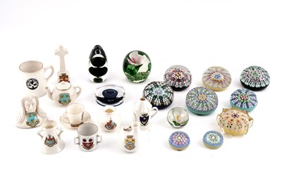 Lot 197 - A collection of glass paperweights; and a selection of crested wares