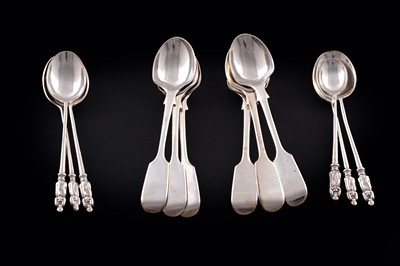 Lot 246 - A set of six Victorian silver fiddle pattern teaspoons; and silver apostle spoons