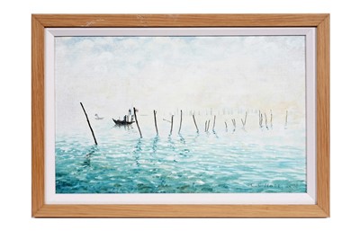Lot 363 - Christopher Hall - Boat amongst pilings | oil