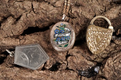 Lot Three Victorian novelty lockets, including a champleve enamelled "forget me not" pendant locket