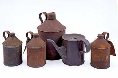 Lot 202 - A 19th Century Braimes tin oil can; and four contemporary oil canisters