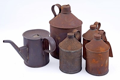 Lot 202 - A 19th Century Braimes tin oil can; and four contemporary oil canisters