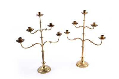 Lot 183 - A pair of 20th Century gilt brass five branch candelabra