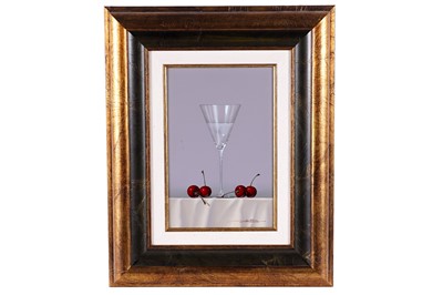 Lot 292 - Javier Mulio - Still life with glass and four cherries | oil