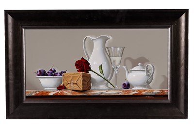 Lot 288 - Javier Mulio - Still life with tableware, plums and a rose | oil